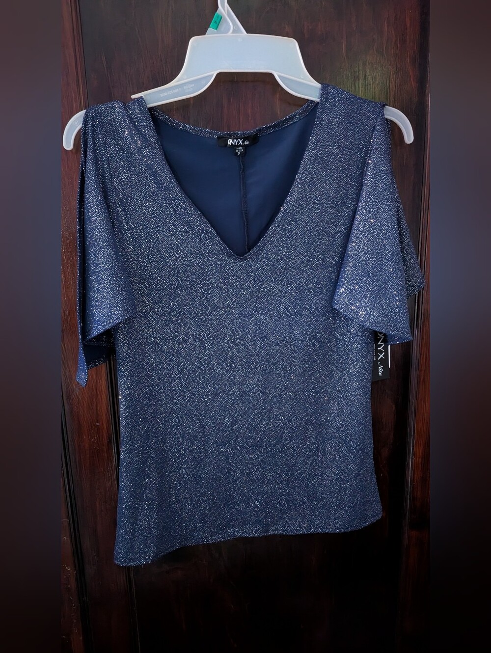 ONYX Nite Sparkle Navy V-Neck Top, Size Small, New with Tags